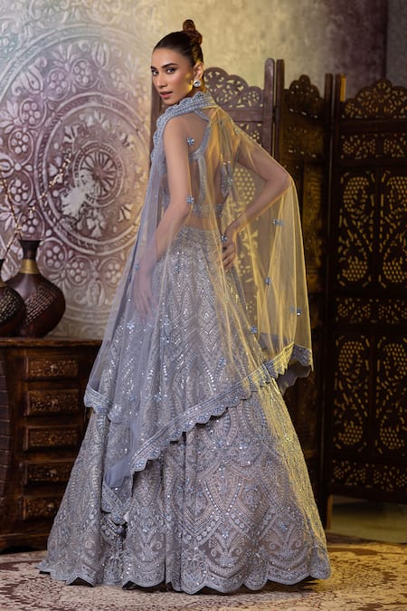Shop_Raj Arora_Blue Net Mirrors, Embroidery, Diamonds Scoop Neck And Thread Blouse Lehenga Set _at_Aza_Fashions