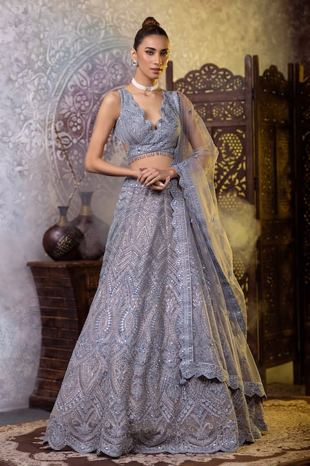 Raj Arora_Blue Net Mirrors, Embroidery, Diamonds Scoop Neck And Thread Blouse Lehenga Set _Online_at_Aza_Fashions