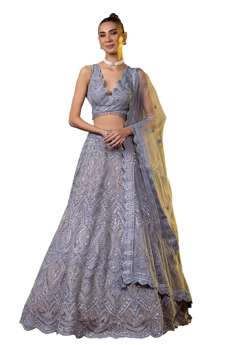 Buy_Raj Arora_Blue Net Mirrors, Embroidery, Diamonds Scoop Neck And Thread Blouse Lehenga Set _Online_at_Aza_Fashions