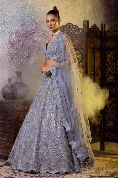 Raj Arora_Blue Net Mirrors, Embroidery, Diamonds Scoop Neck And Thread Blouse Lehenga Set _at_Aza_Fashions