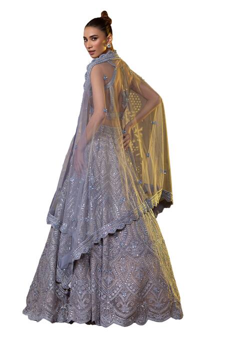 Buy_Raj Arora_Blue Net Mirrors, Embroidery, Diamonds Scoop Neck And Thread Blouse Lehenga Set 
