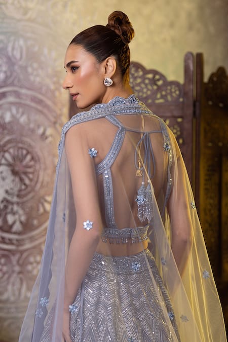Shop_Raj Arora_Blue Net Mirrors, Embroidery, Diamonds Scoop Neck And Thread Blouse Lehenga Set 