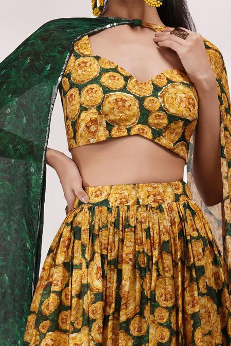 Breathe By Aakanksha Singh_Yellow Chiffon, Cotton, Silk Embroidery Butter Floral Print Lehenga Set _Online_at_Aza_Fashions