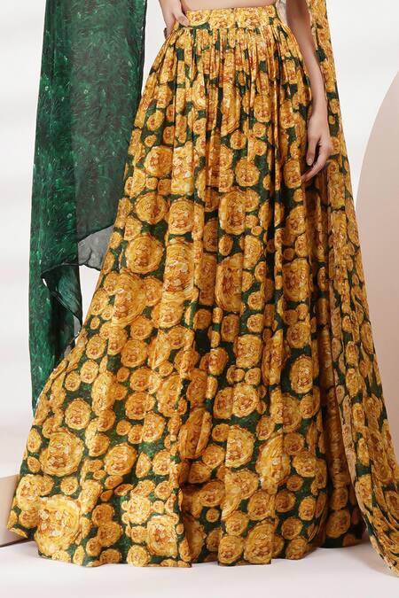 Buy_Breathe By Aakanksha Singh_Yellow Chiffon, Cotton, Silk Embroidery Butter Floral Print Lehenga Set _Online_at_Aza_Fashions