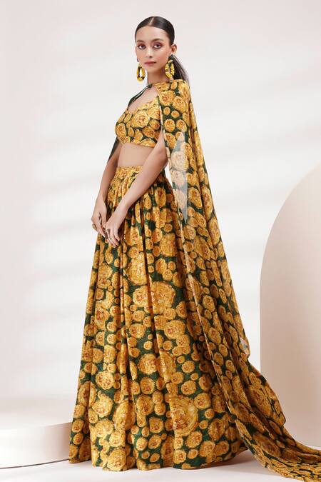 Shop_Breathe By Aakanksha Singh_Yellow Chiffon, Cotton, Silk Embroidery Butter Floral Print Lehenga Set _Online_at_Aza_Fashions