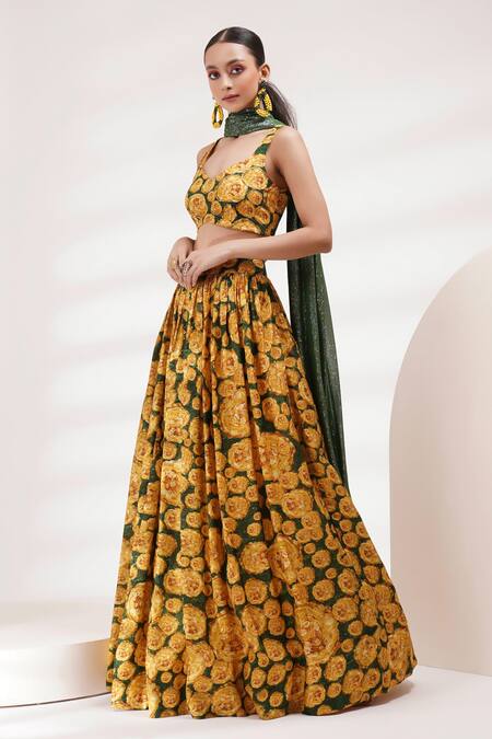 Breathe By Aakanksha Singh_Yellow Chiffon, Cotton, Silk Embroidery Butter Floral Print Lehenga Set _at_Aza_Fashions