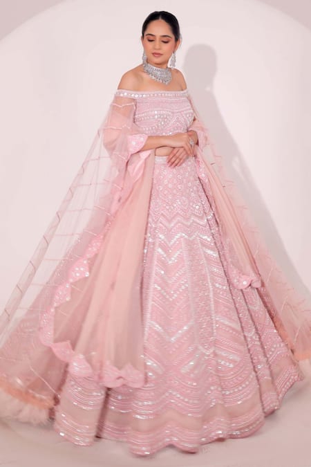 Sidhaarth & Disha Pink Net Embroidery Sequin Straight Neck Chevron Bridal Lehenga Set