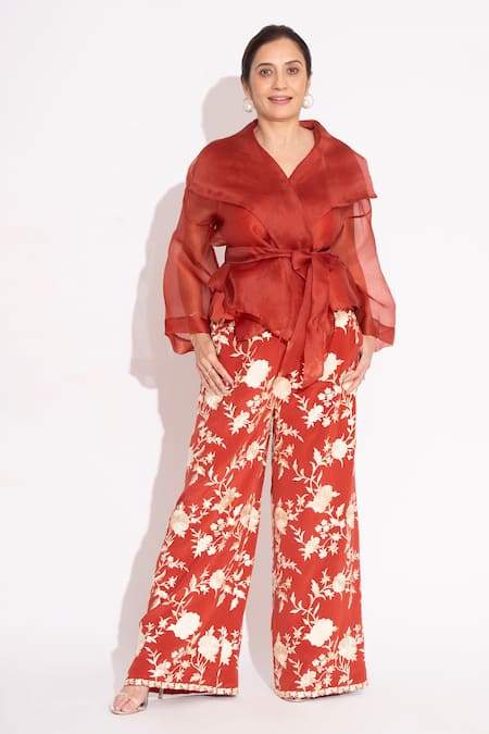 Shop House Of Inari Orange Luxurious Organza Solid V Neck Wrap Around Top at Aza Fashions Shop_House Of Inari_Orange Luxurious Organza Solid V Neck Wrap Around Top _at_Aza_Fashions