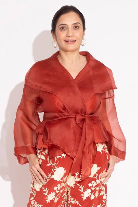 House Of Inari Orange Luxurious Organza Solid V Neck Wrap Around Top Online at Aza Fashions House Of Inari_Orange Luxurious Organza Solid V Neck Wrap Around Top _Online_at_Aza_Fashions