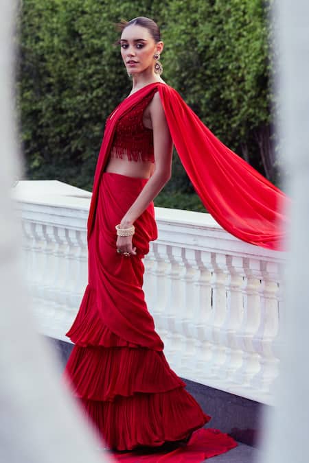 Khushboo Chugh_Red Georgette Beads V-neck Tiered Solid Pre-draped Saree With Embellished Blouse _Online_at_Aza_Fashions
