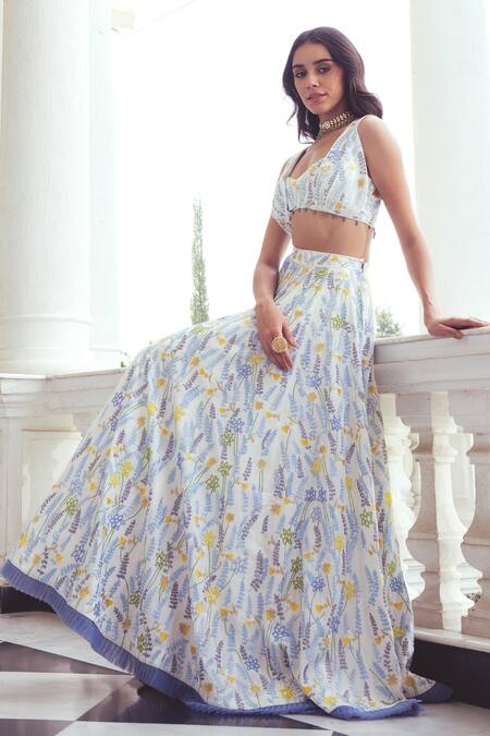 Buy_Khushboo Chugh_Blue Organza, Crepe Sequins, Beads, Embroidery V-neck Floral Resham Lehenga Set _Online_at_Aza_Fashions
