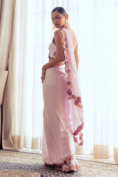 Buy_Khushboo Chugh_Pink Satin Applique V-neck Floral Embroidered Border Saree With Blouse _Online_at_Aza_Fashions