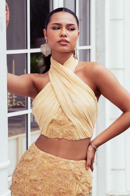 Buy_Khushboo Chugh_Yellow Crepe Beads, Sequins Floral Embellished Mermaid Lehenga With Blouse _Online_at_Aza_Fashions