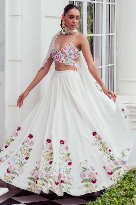 Khushboo Chugh_Ivory Organza, Crepe Embroidery, Sequins, Beads Resham Floral Lehenga Set _Online_at_Aza_Fashions