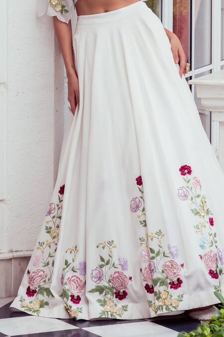 Buy_Khushboo Chugh_Ivory Organza, Crepe Embroidery, Sequins, Beads Resham Floral Lehenga Set _Online_at_Aza_Fashions