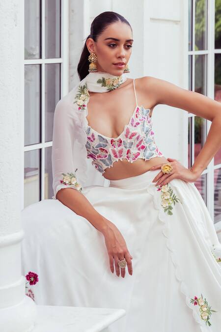 Shop_Khushboo Chugh_Ivory Organza, Crepe Embroidery, Sequins, Beads Resham Floral Lehenga Set _Online_at_Aza_Fashions