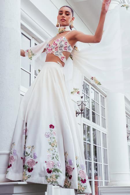 Khushboo Chugh_Ivory Organza, Crepe Embroidery, Sequins, Beads Resham Floral Lehenga Set _at_Aza_Fashions