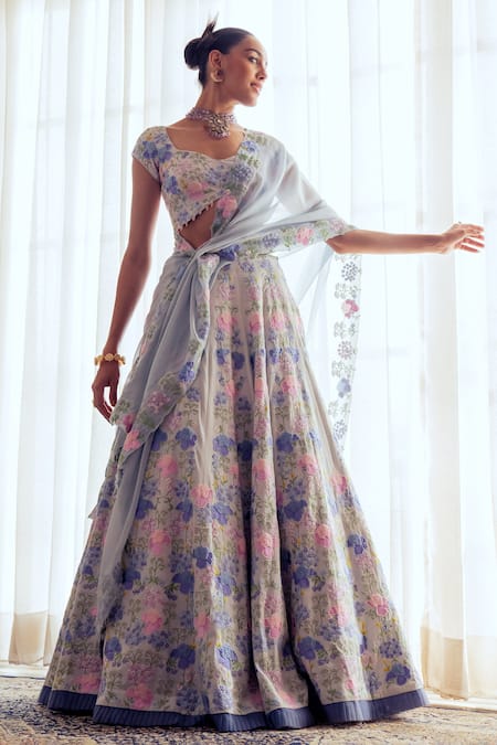 Khushboo Chugh Blue Organza Embellished Beads Floral Garden Resham Embroidered Lehenga Set 