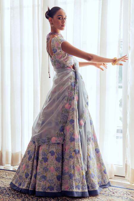Khushboo Chugh_Blue Organza, Crepe Sequins, Beads, Embroidery Floral Garden Resham Lehenga Set _Online_at_Aza_Fashions