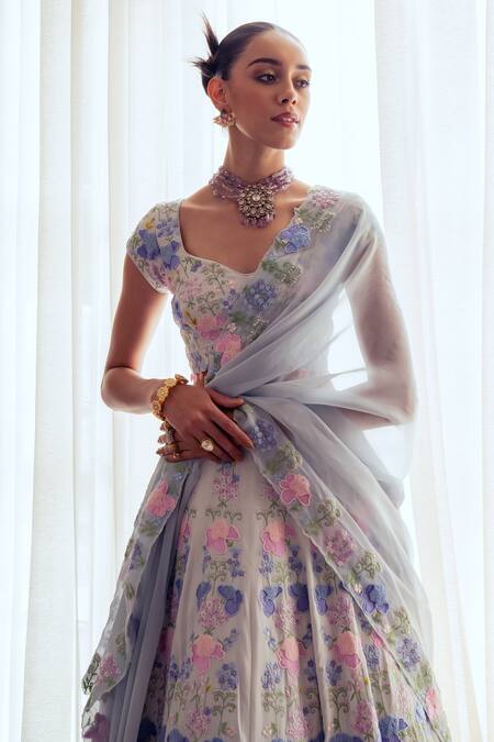 Shop_Khushboo Chugh_Blue Organza, Crepe Sequins, Beads, Embroidery Floral Garden Resham Lehenga Set _Online_at_Aza_Fashions