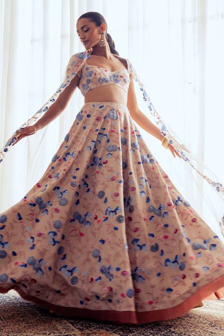 Khushboo Chugh_Beige Organza, Crepe Embroidery, Sequins, Floral Vine Resham Lehenga Set _Online_at_Aza_Fashions