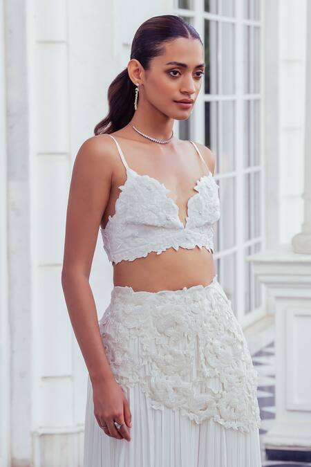 Shop_Khushboo Chugh_Ivory Crepe Embroidery, Floral Embellished Mermaid Lehenga With Blouse _Online_at_Aza_Fashions