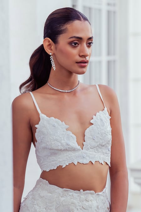 Khushboo Chugh_Ivory Crepe Embroidery, Floral Embellished Mermaid Lehenga With Blouse _at_Aza_Fashions