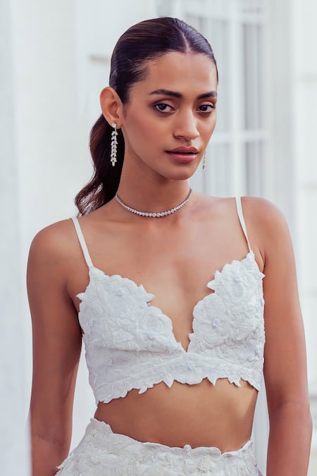 Buy_Khushboo Chugh_Ivory Crepe Embroidery, Floral Embellished Mermaid Lehenga With Blouse 