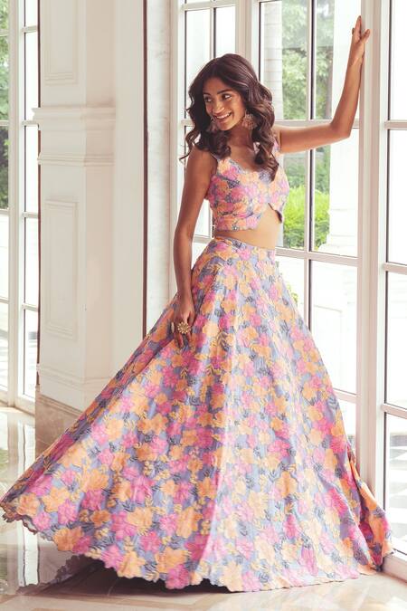 Buy_Khushboo Chugh_Grey Crepe Applique, Beads Round Neck Floral Lehenga With Blouse _Online_at_Aza_Fashions