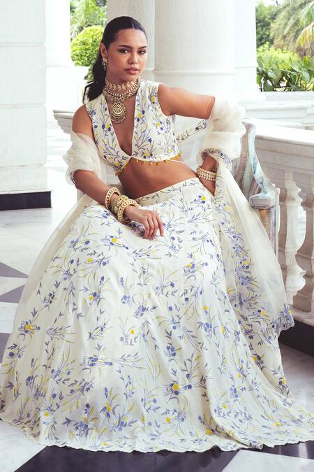 Buy_Khushboo Chugh_Ivory Organza, Crepe Sequins, Beads, Floral Blossom Resham Lehenga Set _Online_at_Aza_Fashions