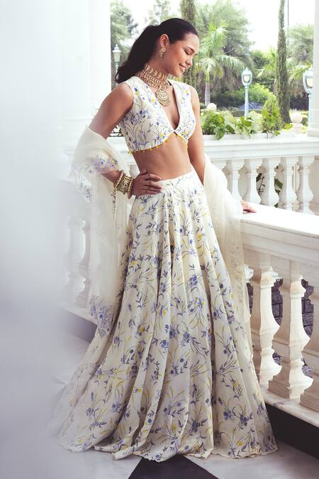 Shop_Khushboo Chugh_Ivory Organza, Crepe Sequins, Beads, Floral Blossom Resham Lehenga Set _Online_at_Aza_Fashions