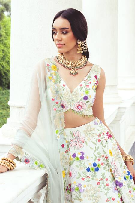Khushboo Chugh_Ivory Organza, Crepe Sequins, Beads, Applique V-neck Floral Garden Lehenga Set _Online_at_Aza_Fashions