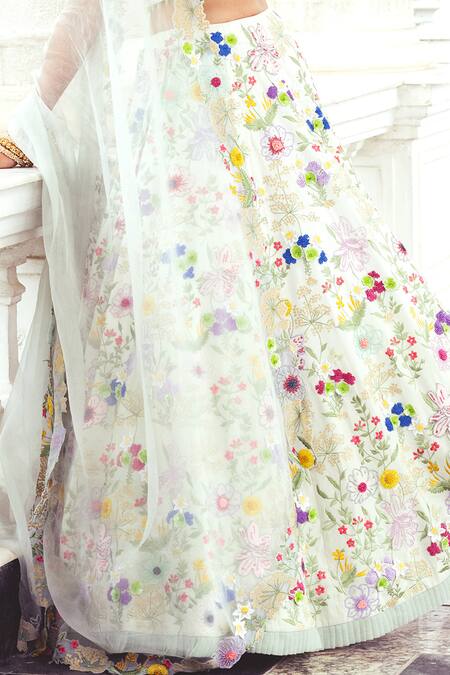 Buy_Khushboo Chugh_Ivory Organza, Crepe Sequins, Beads, Applique V-neck Floral Garden Lehenga Set _Online_at_Aza_Fashions