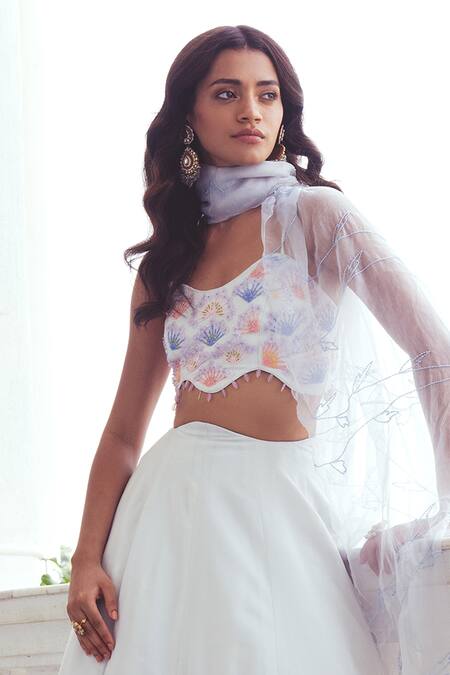 Khushboo Chugh_Ivory Organza, Crepe Embroidery, Sequins, Floral Vine Embellished Lehenga Set _Online_at_Aza_Fashions