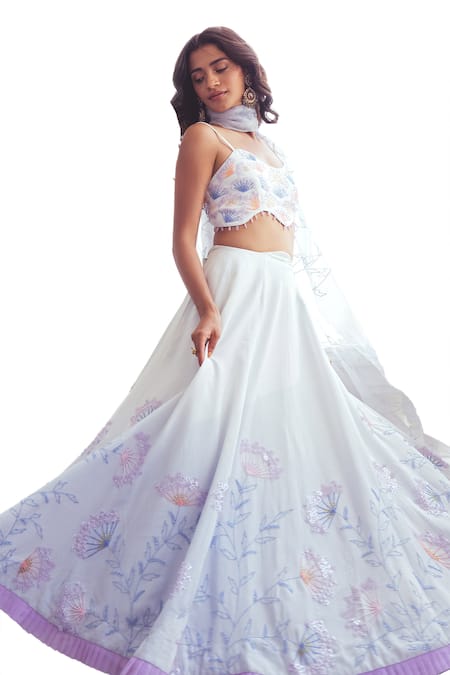 Shop_Khushboo Chugh_Ivory Organza, Crepe Embroidery, Sequins, Floral Vine Embellished Lehenga Set _Online_at_Aza_Fashions