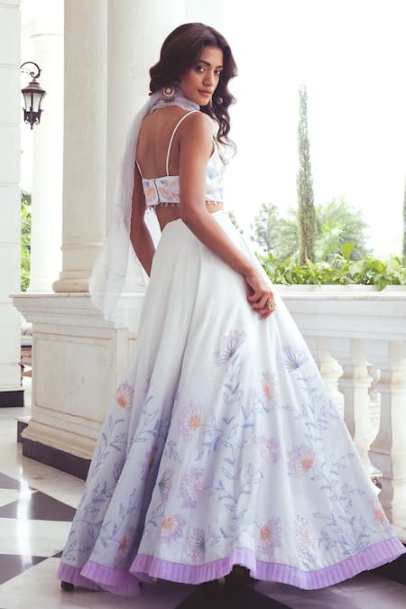 Khushboo Chugh_Ivory Organza, Crepe Embroidery, Sequins, Floral Vine Embellished Lehenga Set _at_Aza_Fashions