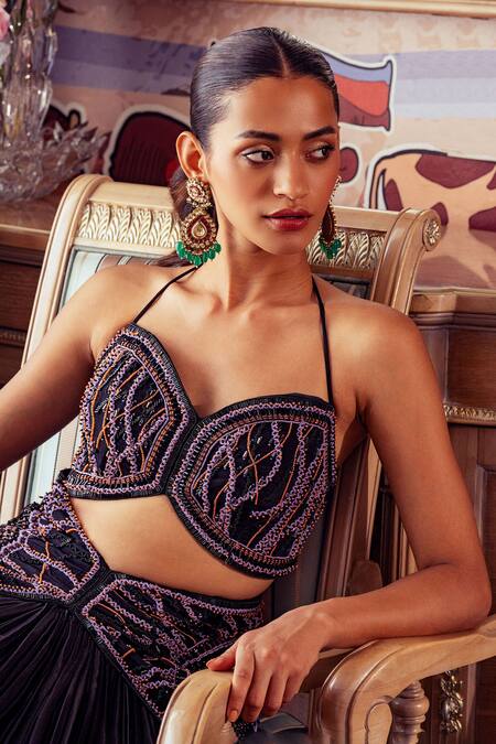 Shop_Khushboo Chugh_Black Crepe Sequins, Beads, Applique Halter Embellished Lehenga With Blouse _Online_at_Aza_Fashions