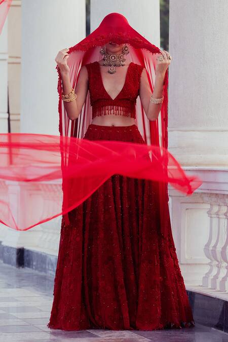 Khushboo Chugh_Red Crepe, Georgette Sequins, Floral Tassel Embellished Bridal Lehenga Set _Online_at_Aza_Fashions