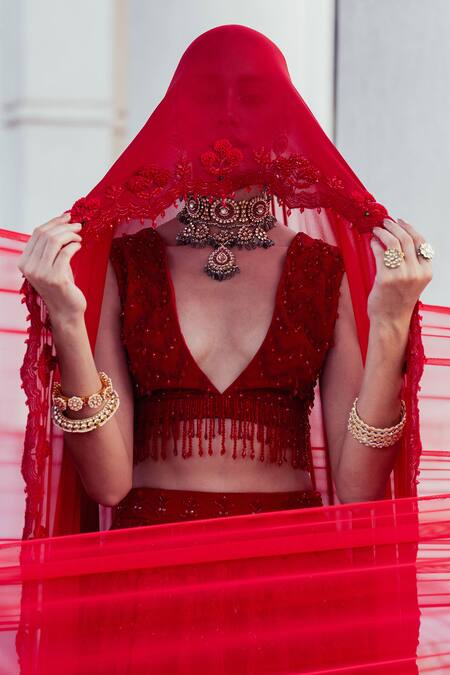 Buy_Khushboo Chugh_Red Crepe, Georgette Sequins, Floral Tassel Embellished Bridal Lehenga Set _Online_at_Aza_Fashions