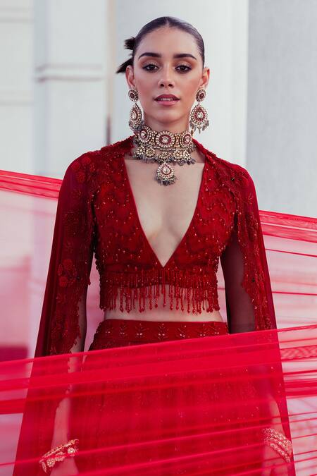 Shop_Khushboo Chugh_Red Crepe, Georgette Sequins, Floral Tassel Embellished Bridal Lehenga Set _Online_at_Aza_Fashions