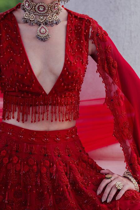 Khushboo Chugh_Red Crepe, Georgette Sequins, Floral Tassel Embellished Bridal Lehenga Set _at_Aza_Fashions