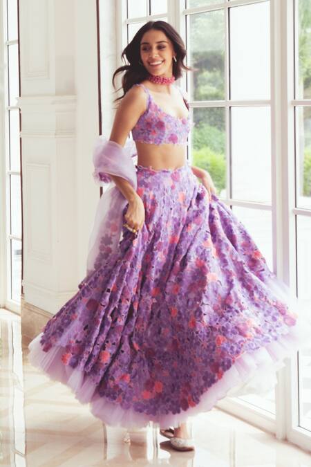 Buy_Khushboo Chugh_Purple Crepe Applique, Beads, Cut Work Scoop Floral Embellished Lehenga Set _Online_at_Aza_Fashions