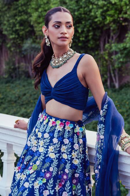 Khushboo Chugh_Blue Organza, Crepe, Georgette Resham Floral Jaal Embroidered Lehenga Set _Online_at_Aza_Fashions