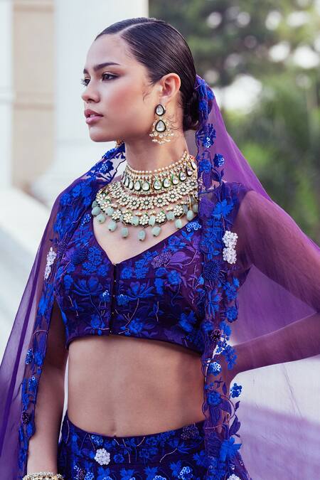 Khushboo Chugh_Blue Organza, Crepe Sequins, Beads Resham Floral Embroidered Lehenga Set _Online_at_Aza_Fashions