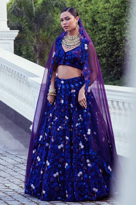 Buy_Khushboo Chugh_Blue Organza, Crepe Sequins, Beads Resham Floral Embroidered Lehenga Set _Online_at_Aza_Fashions