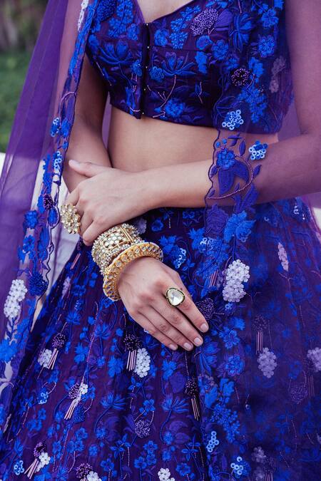 Shop_Khushboo Chugh_Blue Organza, Crepe Sequins, Beads Resham Floral Embroidered Lehenga Set _Online_at_Aza_Fashions