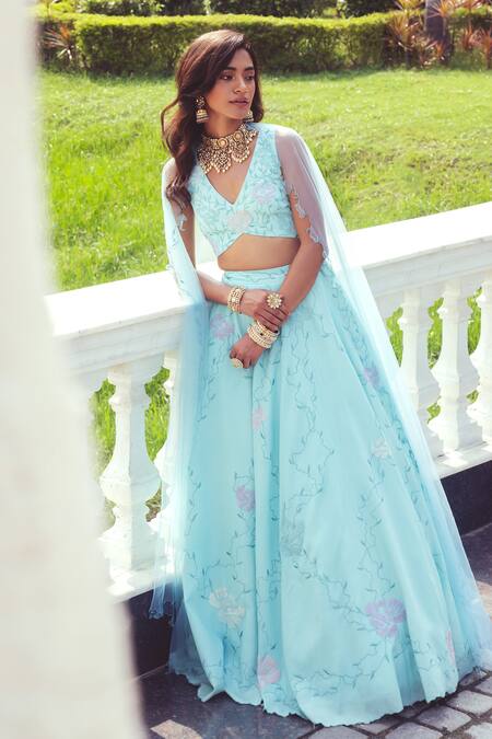 Khushboo Chugh_Blue Organza, Crepe Embroidery, Beads, Sequins Resham Floral Vine Lehenga Set _Online_at_Aza_Fashions