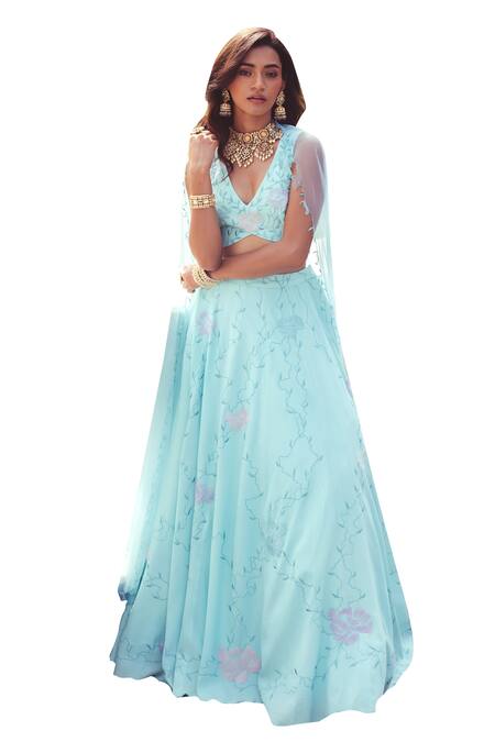 Buy_Khushboo Chugh_Blue Organza, Crepe Embroidery, Beads, Sequins Resham Floral Vine Lehenga Set _Online_at_Aza_Fashions