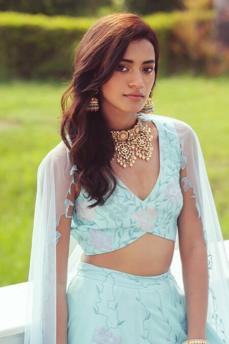 Shop_Khushboo Chugh_Blue Organza, Crepe Embroidery, Beads, Sequins Resham Floral Vine Lehenga Set _Online_at_Aza_Fashions