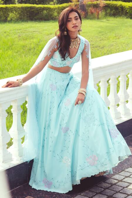 Khushboo Chugh_Blue Organza, Crepe Embroidery, Beads, Sequins Resham Floral Vine Lehenga Set _at_Aza_Fashions